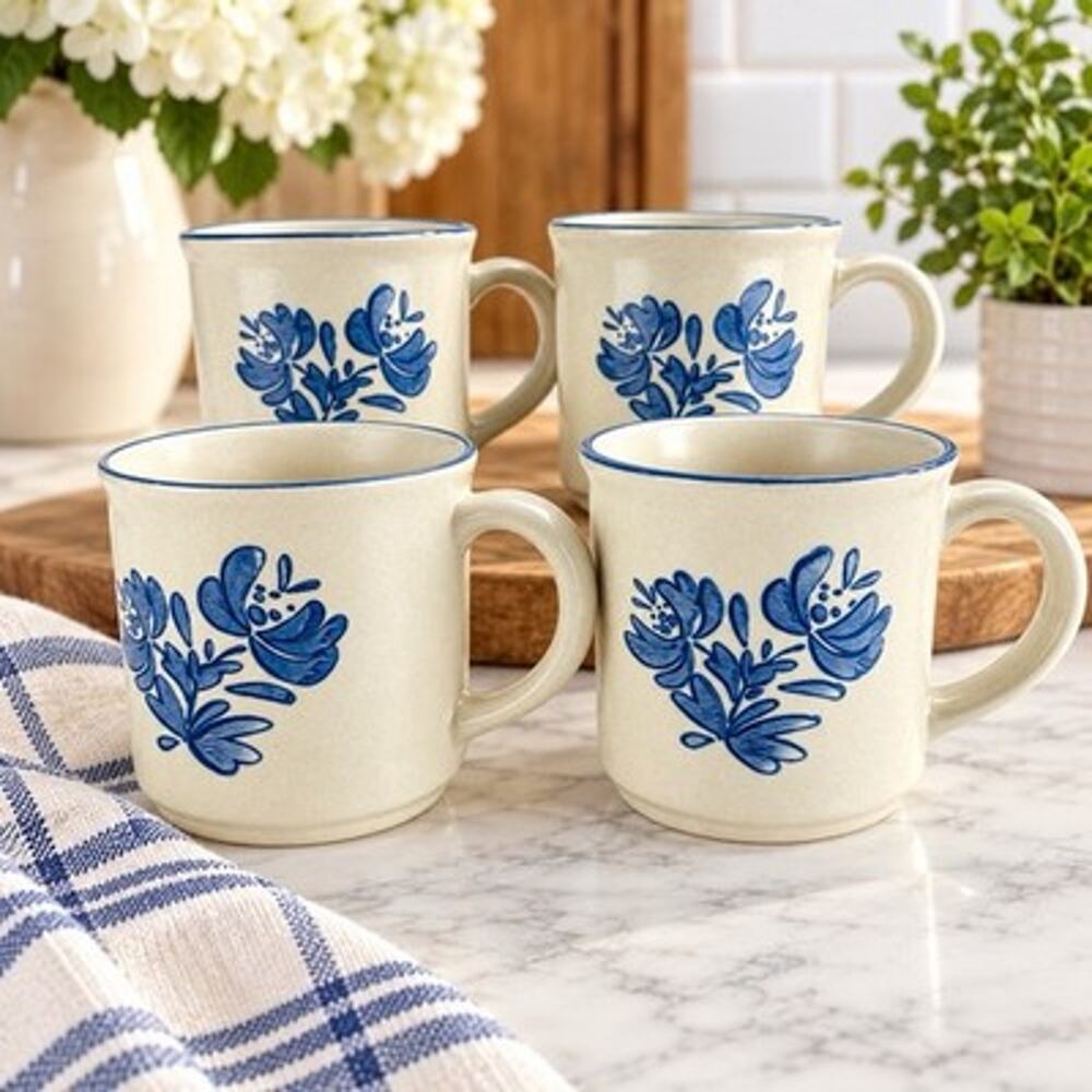 Pfaltzgraff Yorktowne Coffee Mugs Set of 4 Blue Floral Stoneware USA
